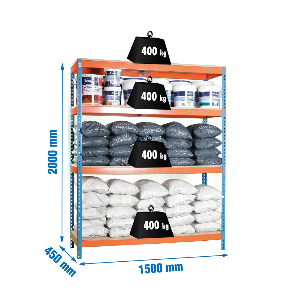 Étagère charge moyenne 400kg - 2000x1500x450 - 4 niveaux Bleu/Orange/Bois - SIMON RACK - 8435104921586