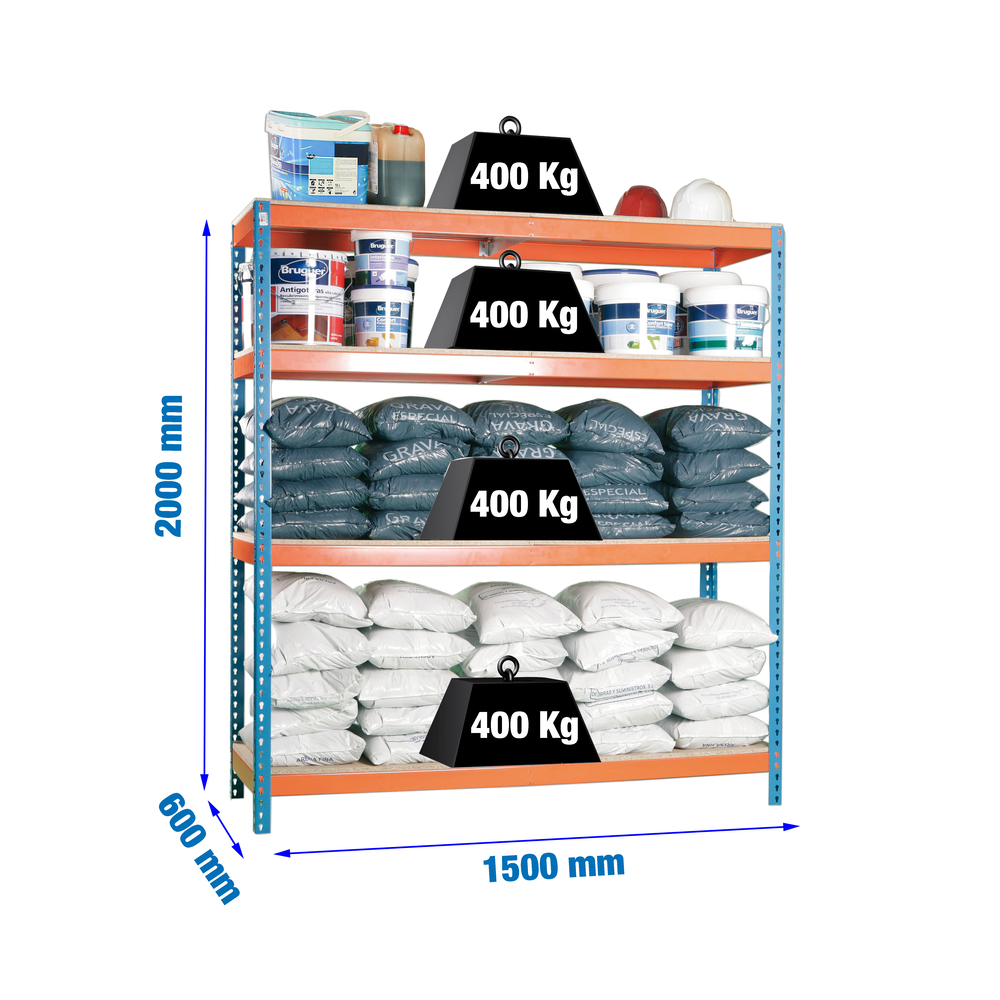 Étagère charge moyenne 400kg - 2000x1500x600 - 4 niveaux Bleu/Orange/Bois - SIMON RACK - 8435104921593