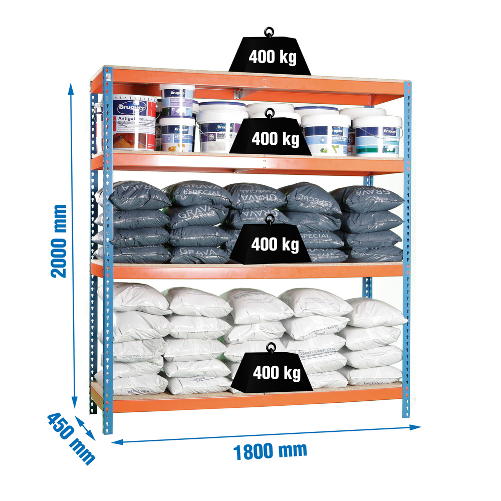 Étagère charge moyenne 400kg - 2000x1800x450 - 4 niveaux Bleu/Orange/Bois - SIMON RACK - 8435104921609