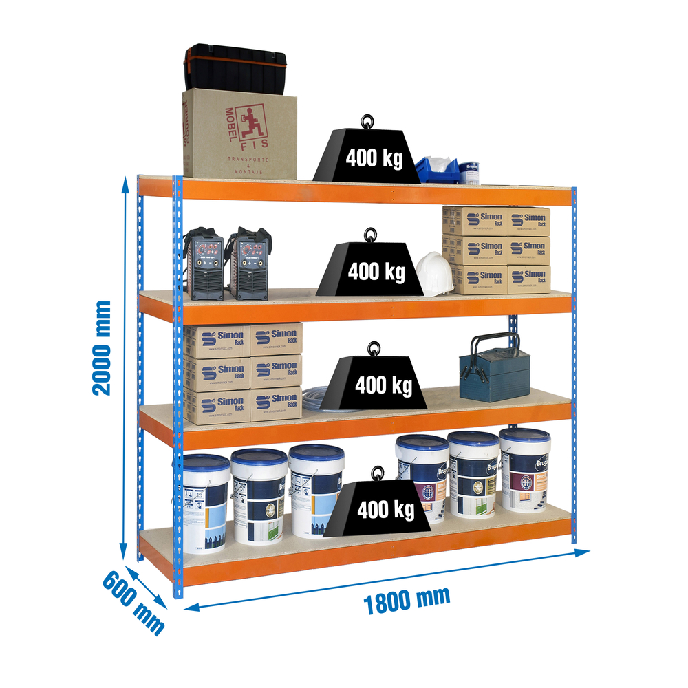 Étagère charge moyenne 400kg - 2000x1800x600 - 4 niveaux Bleu/Orange/Bois - SIMON RACK - 8435104921616