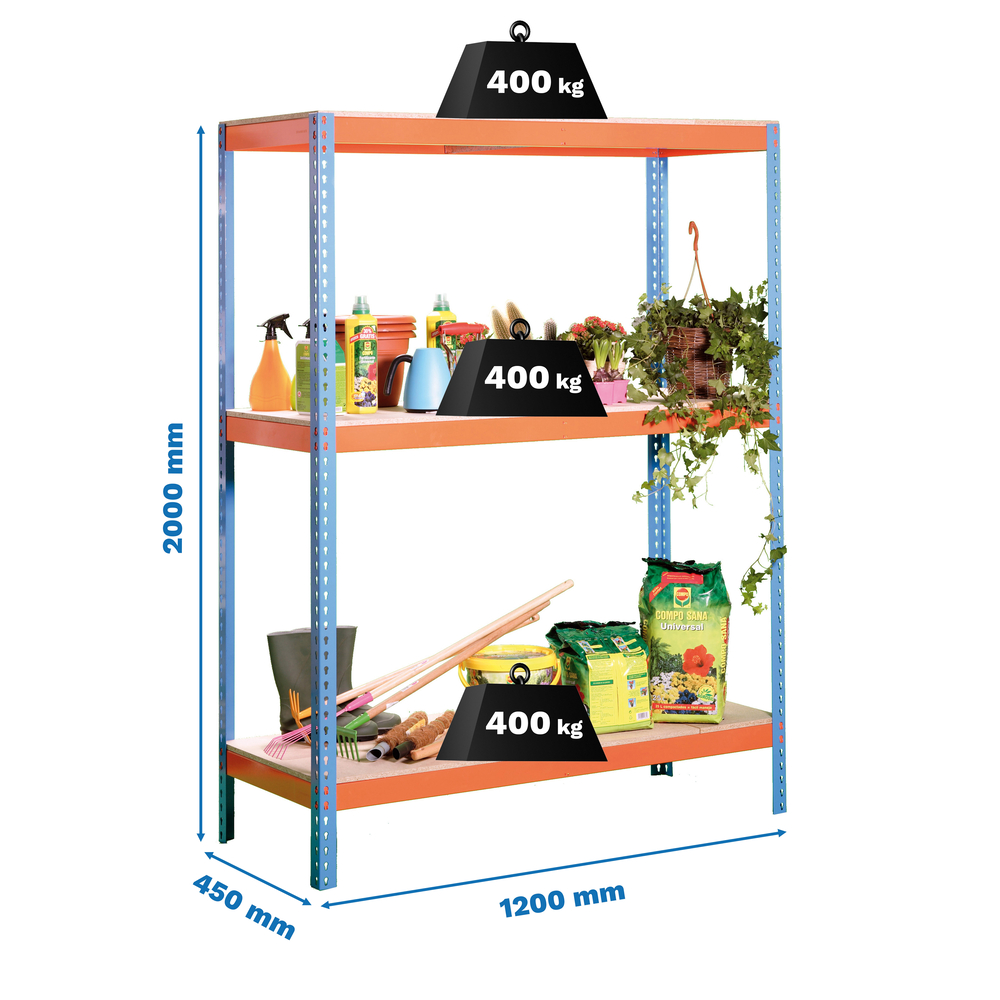 Étagère charge moyenne 400kg - 2000x1200x450 - 3 niveaux Bleu/Orange - SIMON RACK - 8435104922583