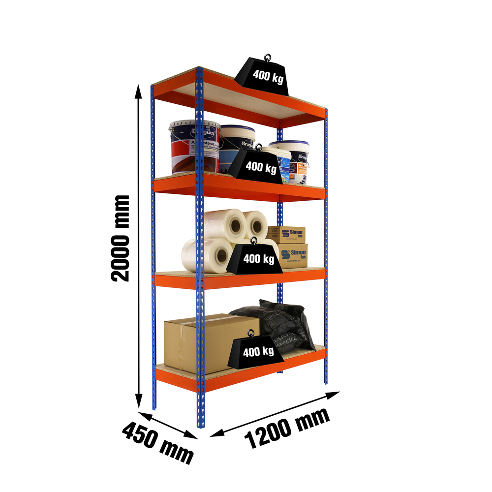 Étagère charge moyenne 400kg - 2000x1200x450 - 4 niveaux Bleu/Orange/Bois - SIMON RACK - 8435104922620