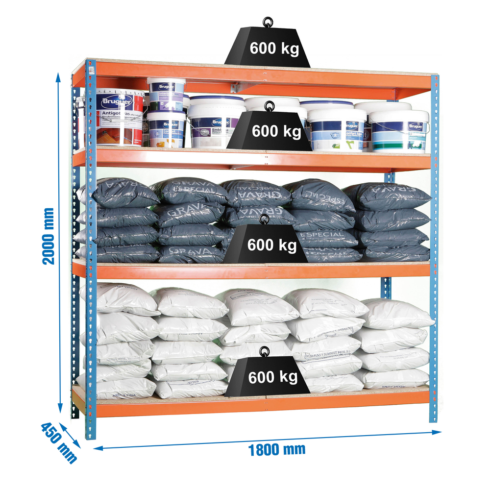 Étagère charge moyenne 500 à 600kg - 2000x1800x450 - 4 niveaux Bleu/Orange/Bois - SIMON RACK - 8435104925195