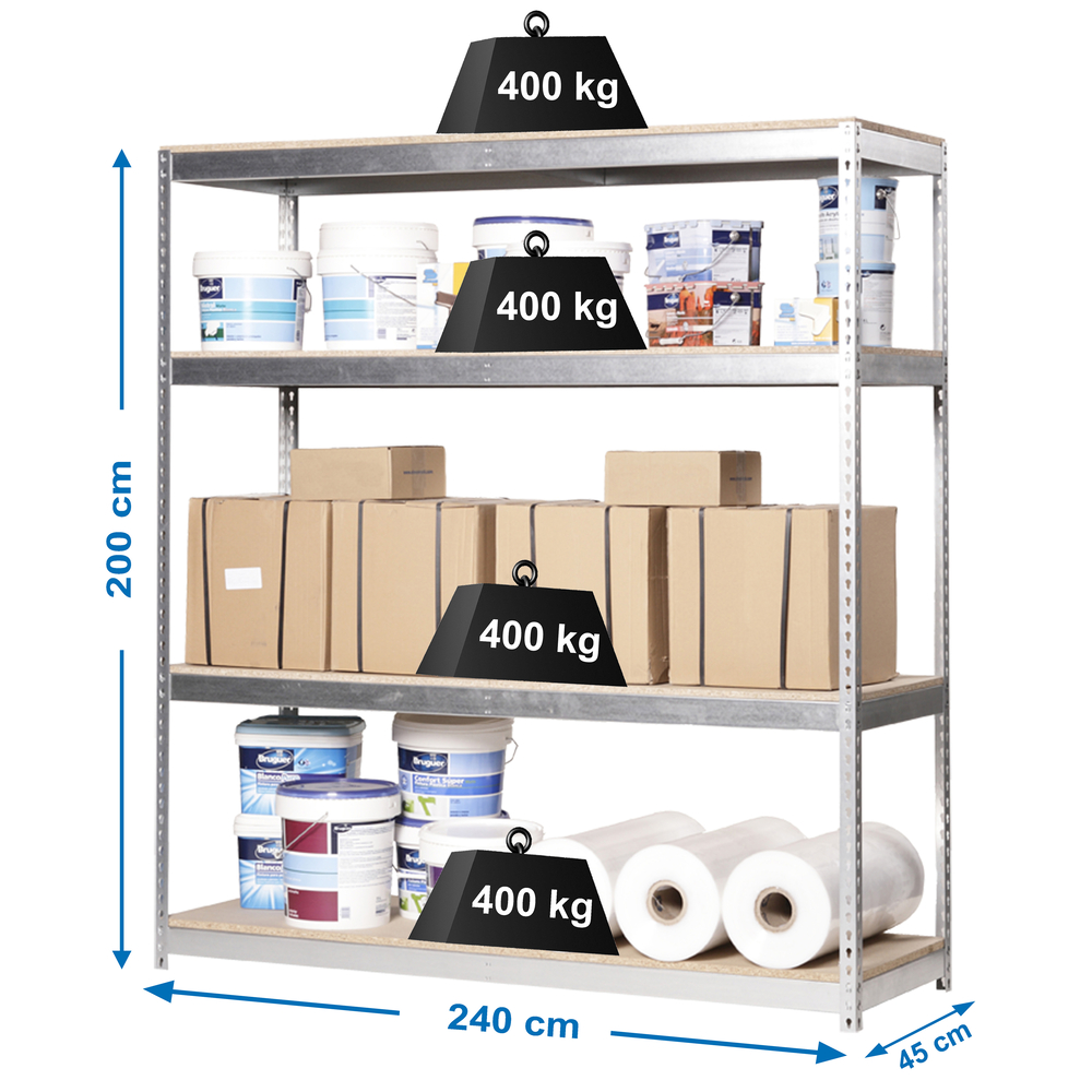 Étagère charge moyenne 500 à 600kg - 2000x2400x450 - 4 niveaux Bois - SIMON RACK - 8435104925225