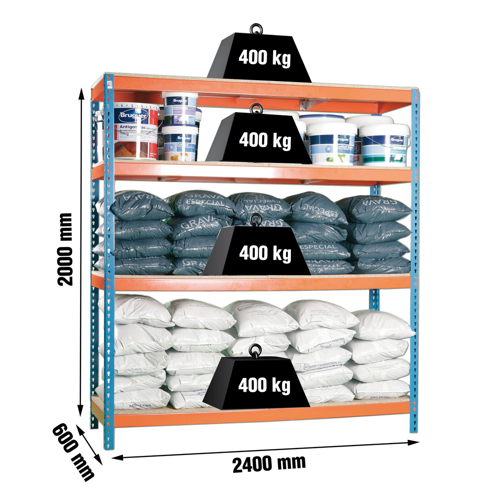 Étagère charge moyenne 500 à 600kg - 2000x2400x600 - 4 niveaux Bleu/Orange/Bois - SIMON RACK - 8435104925256