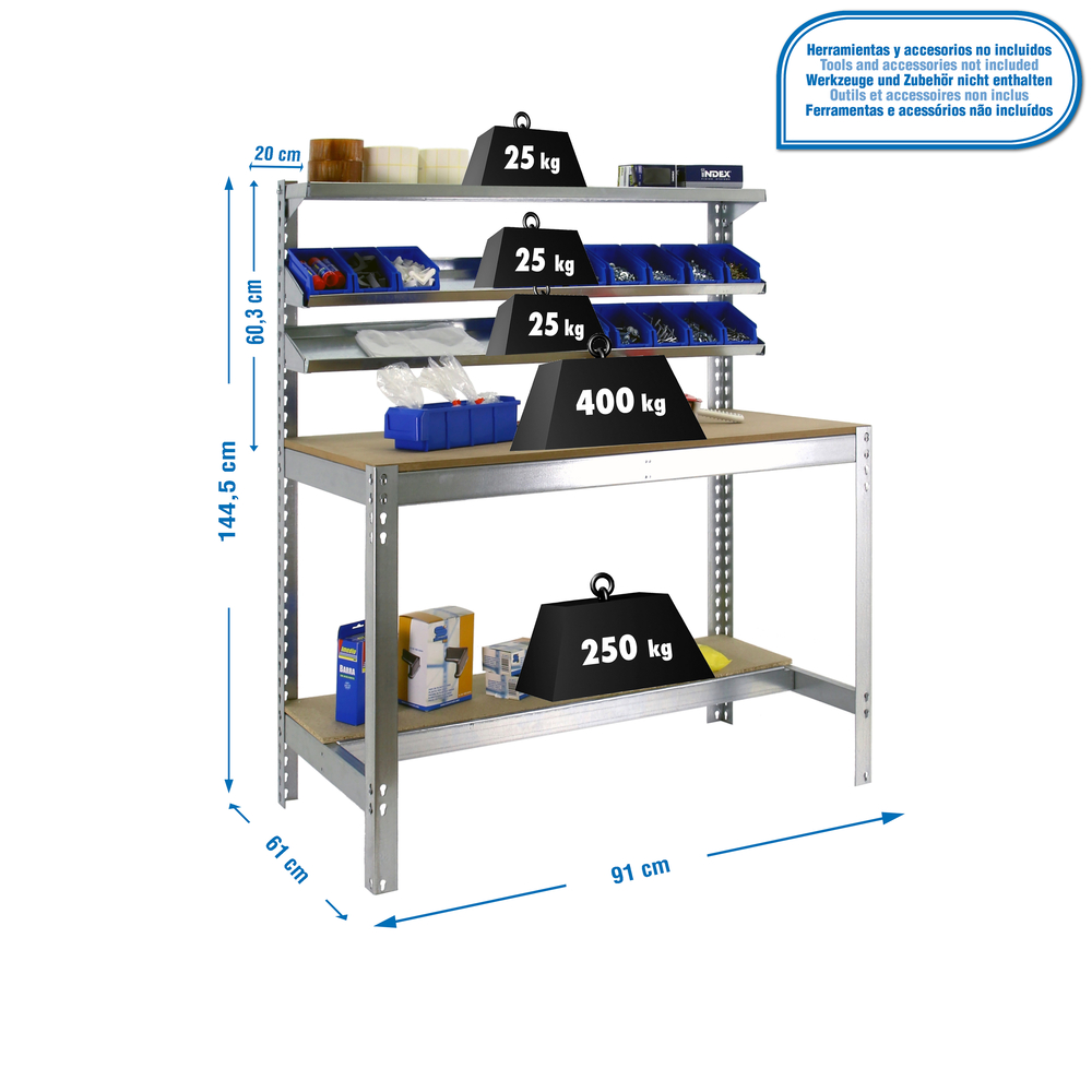 Kit établi Bricolage - 1445x910x610 - 5 niveaux Bois - SIMON RACK - 8435104931851