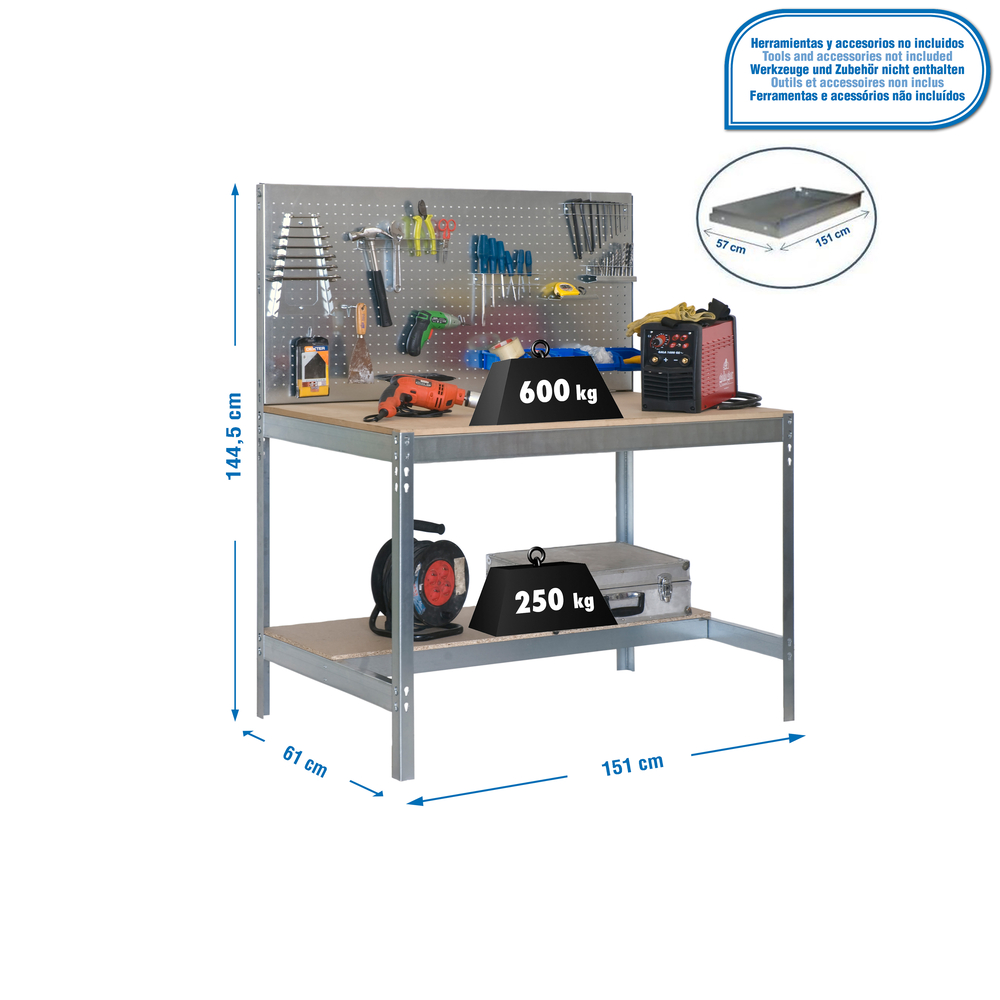 Kit établi Bricolage - 1445x1510x610 - 2 niveaux Bois - SIMON RACK - 8435104931905