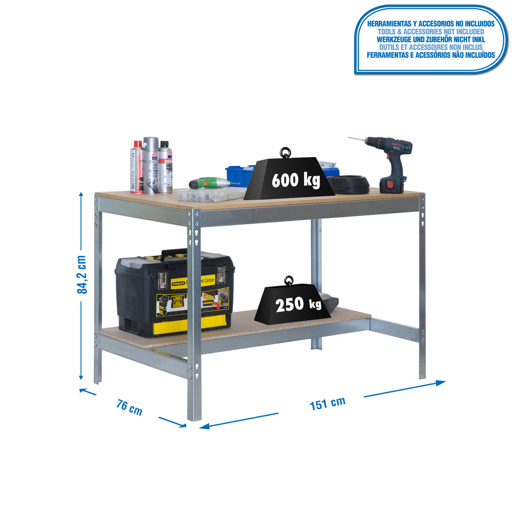 Kit établi Bricolage - 842x1510x760 - 2 niveaux Bois - SIMON RACK - 8435104931929