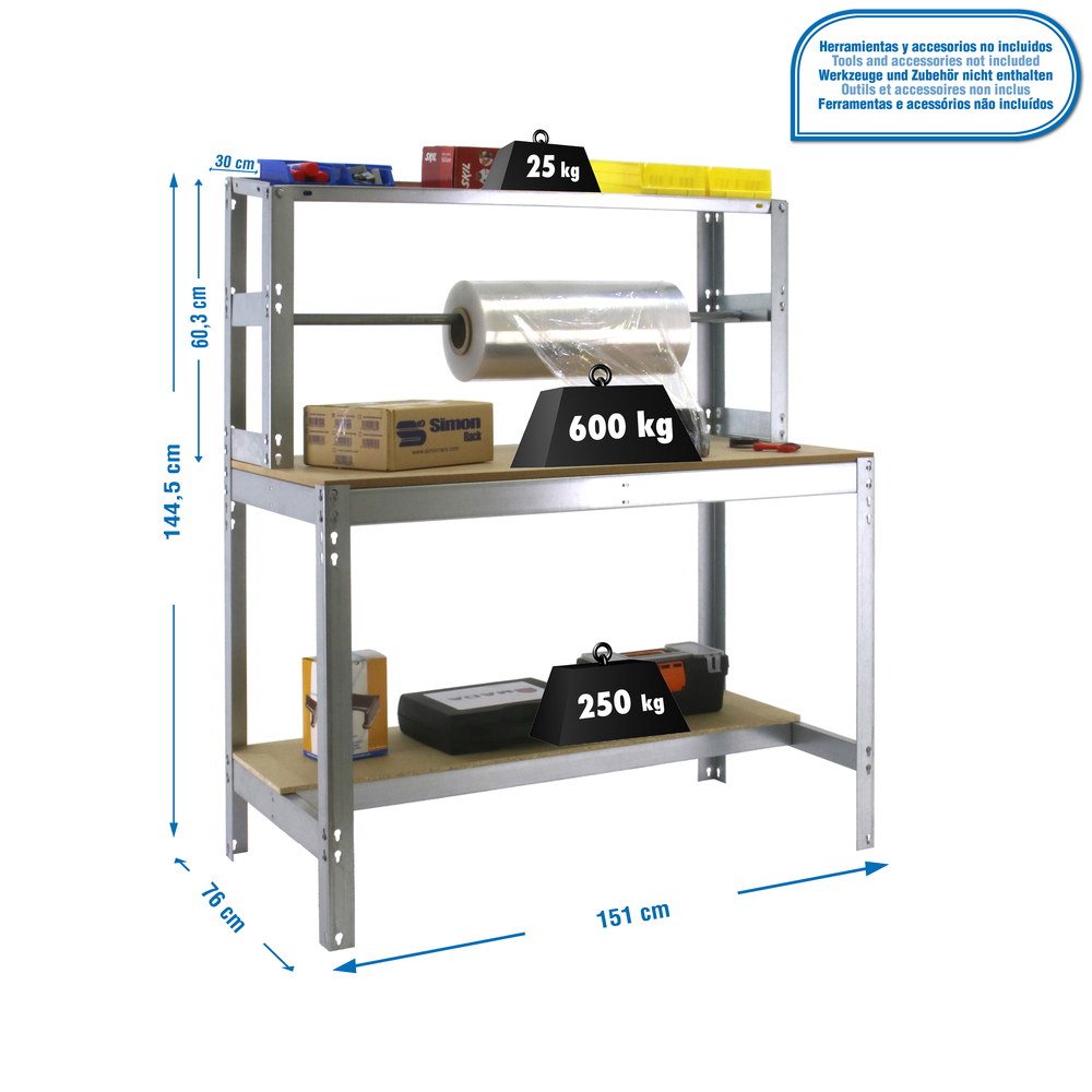 Kit établi Bricolage - 1445x1510x760 - 3 niveaux Bois - SIMON RACK - 8435104931974