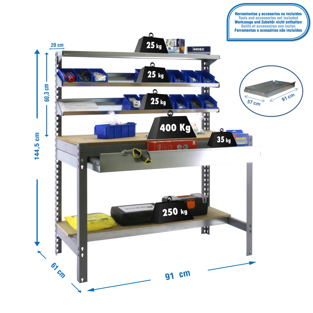 Kit établi Bricolage - 1445x910x610 - 5 niveaux Gris/Bois - SIMON RACK - 8435104932360