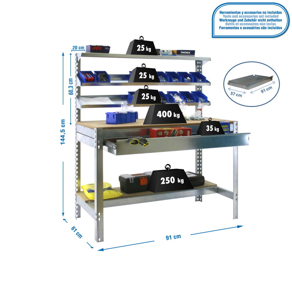 Kit établi Bricolage - 1445x910x610 - 5 niveaux Bois - SIMON RACK - 8435104932377