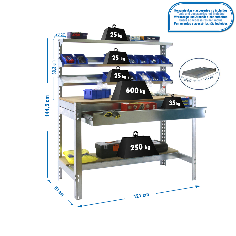 Kit établi Bricolage - 1445x1210x610 - 5 niveaux Bois - SIMON RACK - 8435104932407