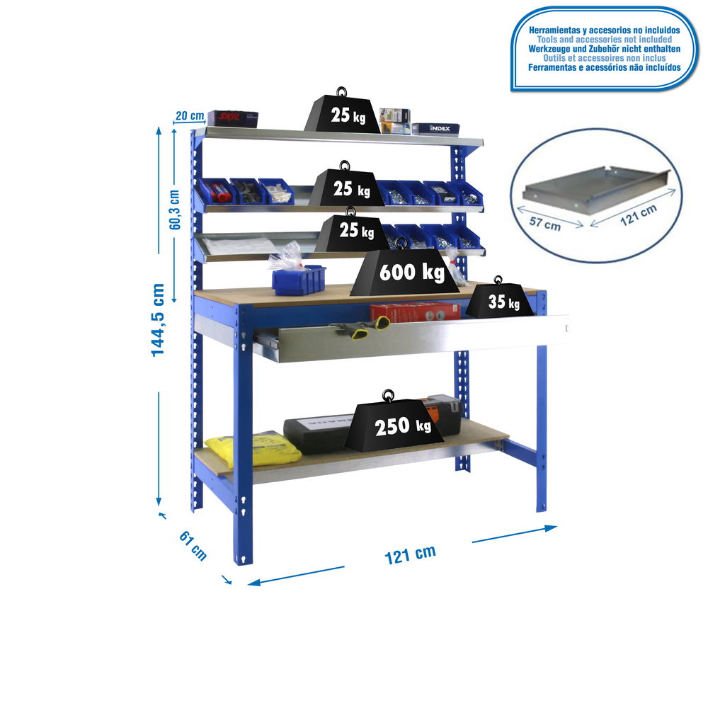 Kit établi Bricolage - 1445x1210x610 - 5 niveaux Bleu/Bois - SIMON RACK - 8435104932414