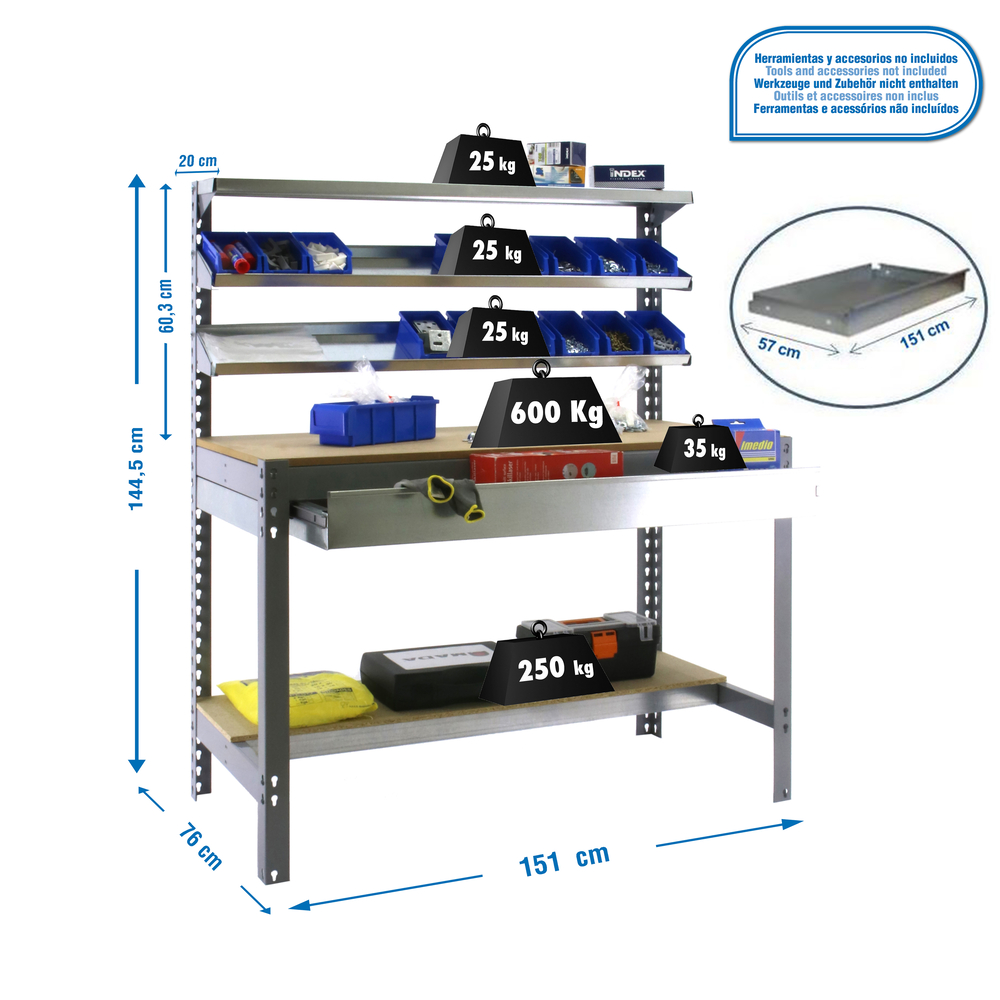Kit établi Bricolage - 1445x1510x760 - 5 niveaux Gris/Bois - SIMON RACK - 8435104932421