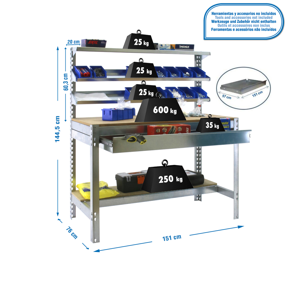 Kit établi Bricolage - 1445x1510x760 - 5 niveaux Bois - SIMON RACK - 8435104932438