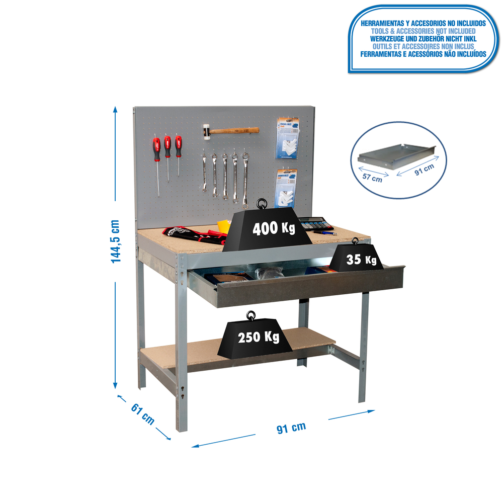 Kit établi Bricolage - 1445x910x610 - 2 niveaux Gris/Bois - SIMON RACK - 8435104932452