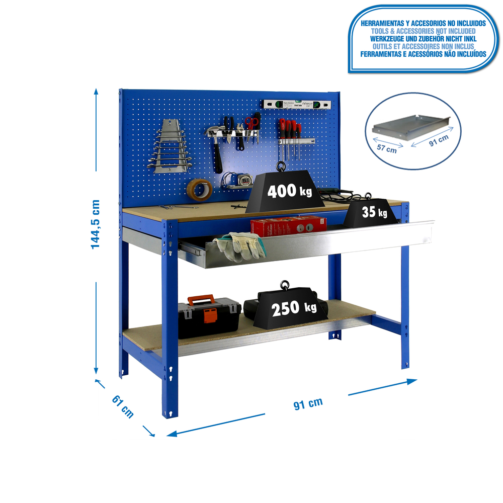 Kit établi Bricolage - 1445x910x610 - 2 niveaux Bleu/Bois - SIMON RACK - 8435104932476