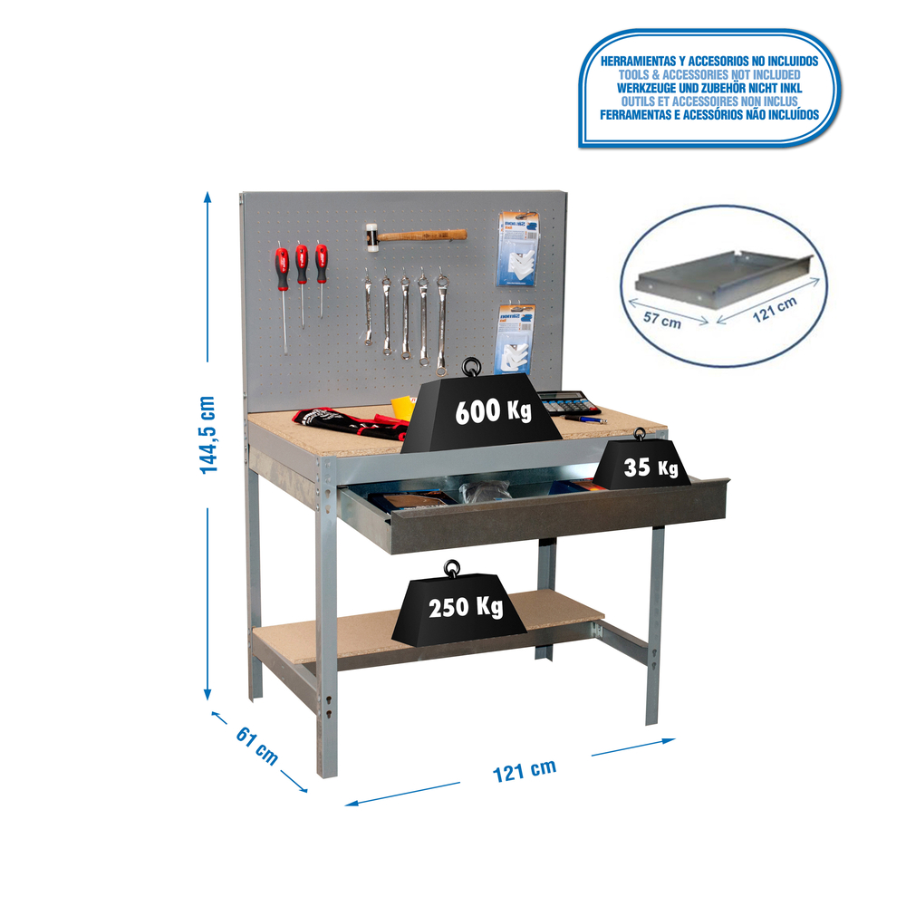 Kit établi Bricolage - 1445x1210x610 - 2 niveaux Gris/Bois - SIMON RACK - 8435104932483