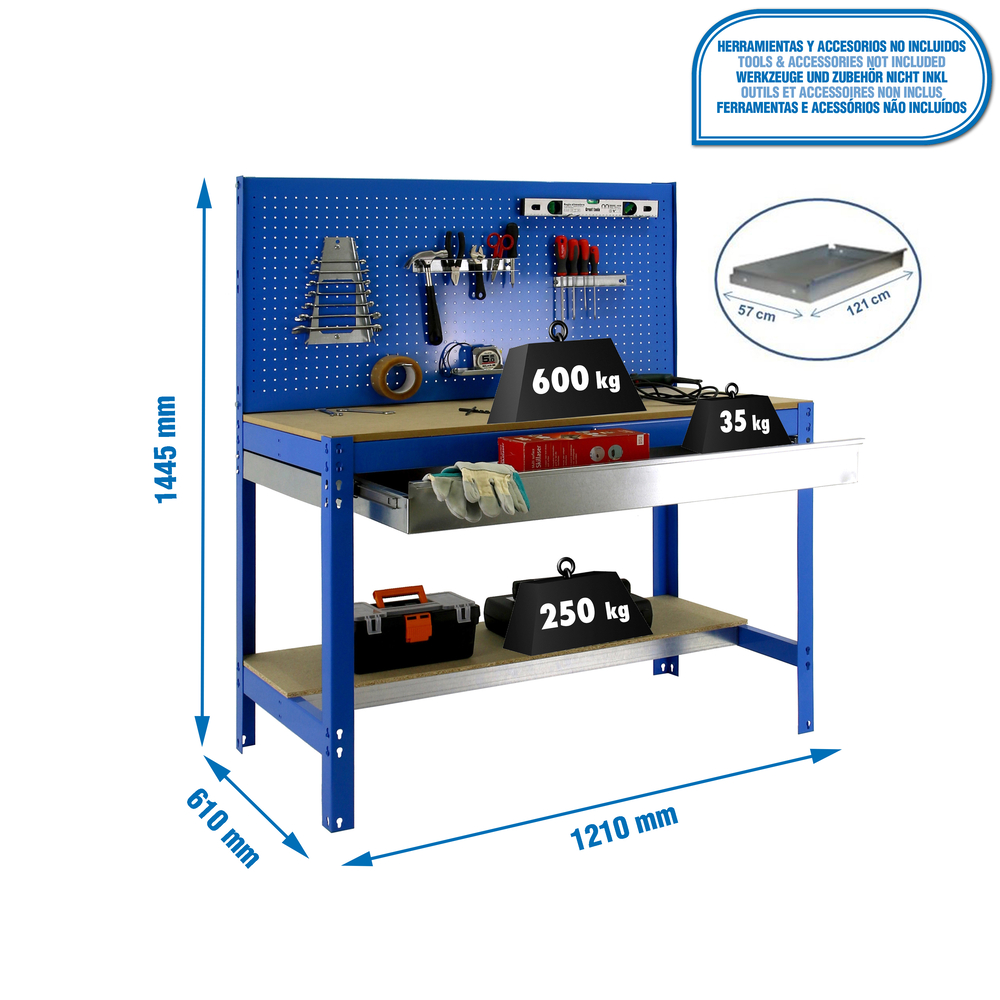 Kit établi Bricolage - 1445x1210x610 - 2 niveaux Bleu/Bois - SIMON RACK - 8435104932506