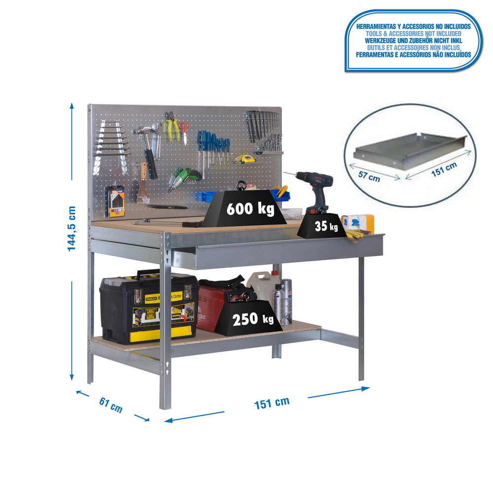 Kit établi Bricolage - 1445x1510x610 - 2 niveaux Bois - SIMON RACK - 8435104932520