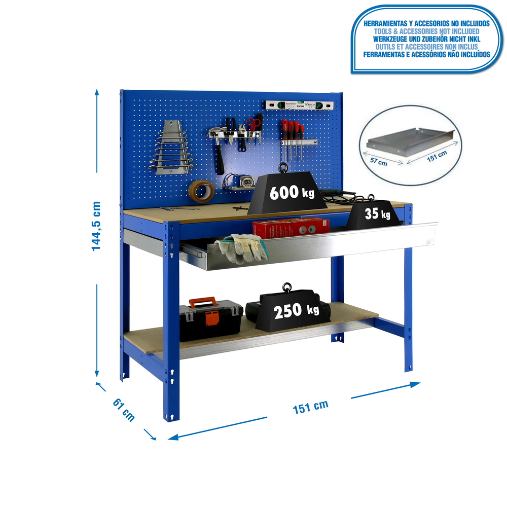 Kit établi Bricolage - 1445x1510x610 - 2 niveaux Bleu/Bois - SIMON RACK - 8435104932537