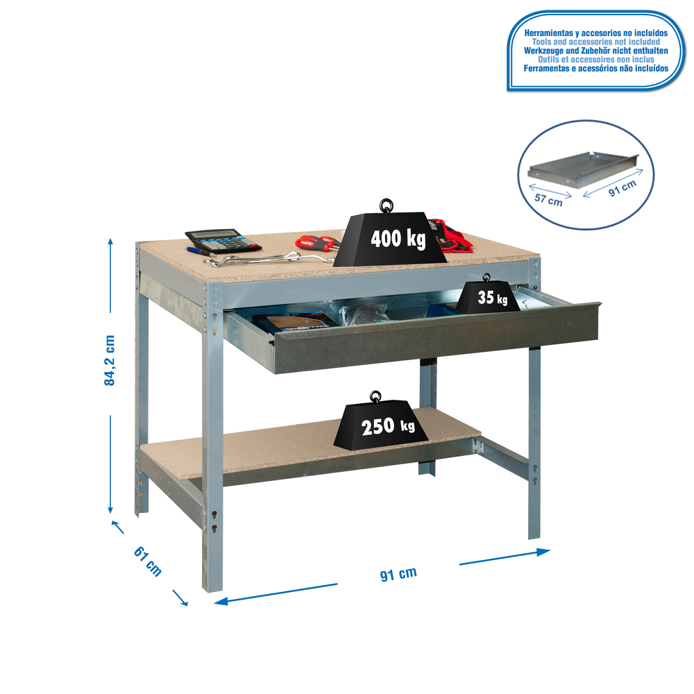 Kit établi Bricolage - 842x910x610 - 2 niveaux Gris/Bois - SIMON RACK - 8435104932544