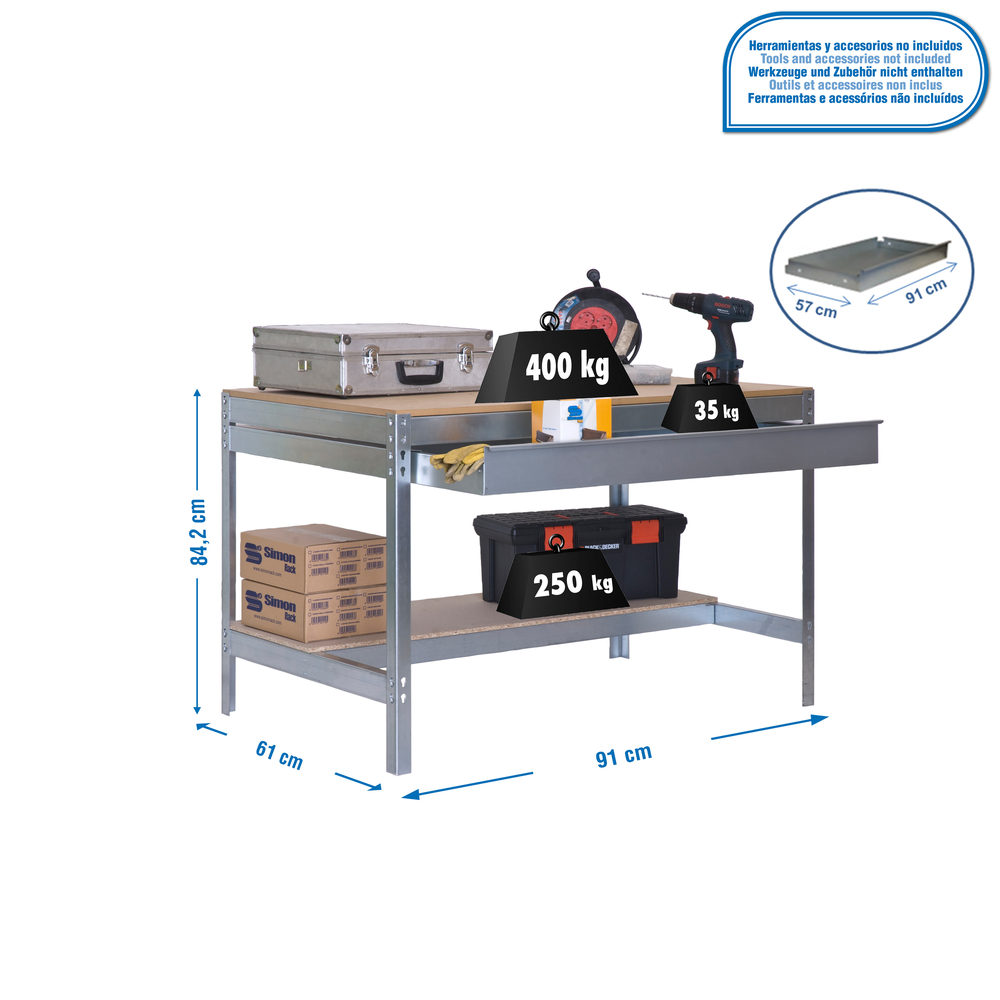 Kit établi Bricolage - 842x910x610 - 2 niveaux Bois - SIMON RACK - 8435104932551