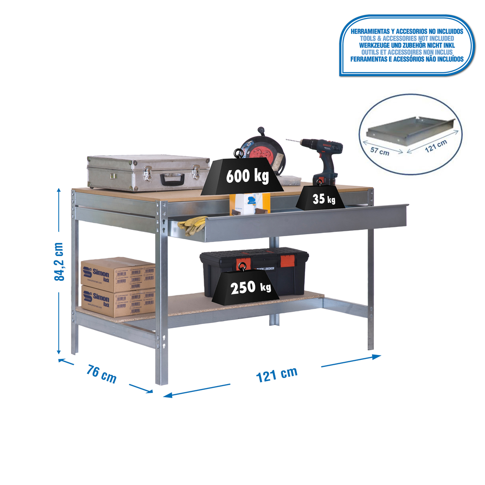 Kit établi Bricolage - 842x1210x760 - 2 niveaux Bois - SIMON RACK - 8435104932582
