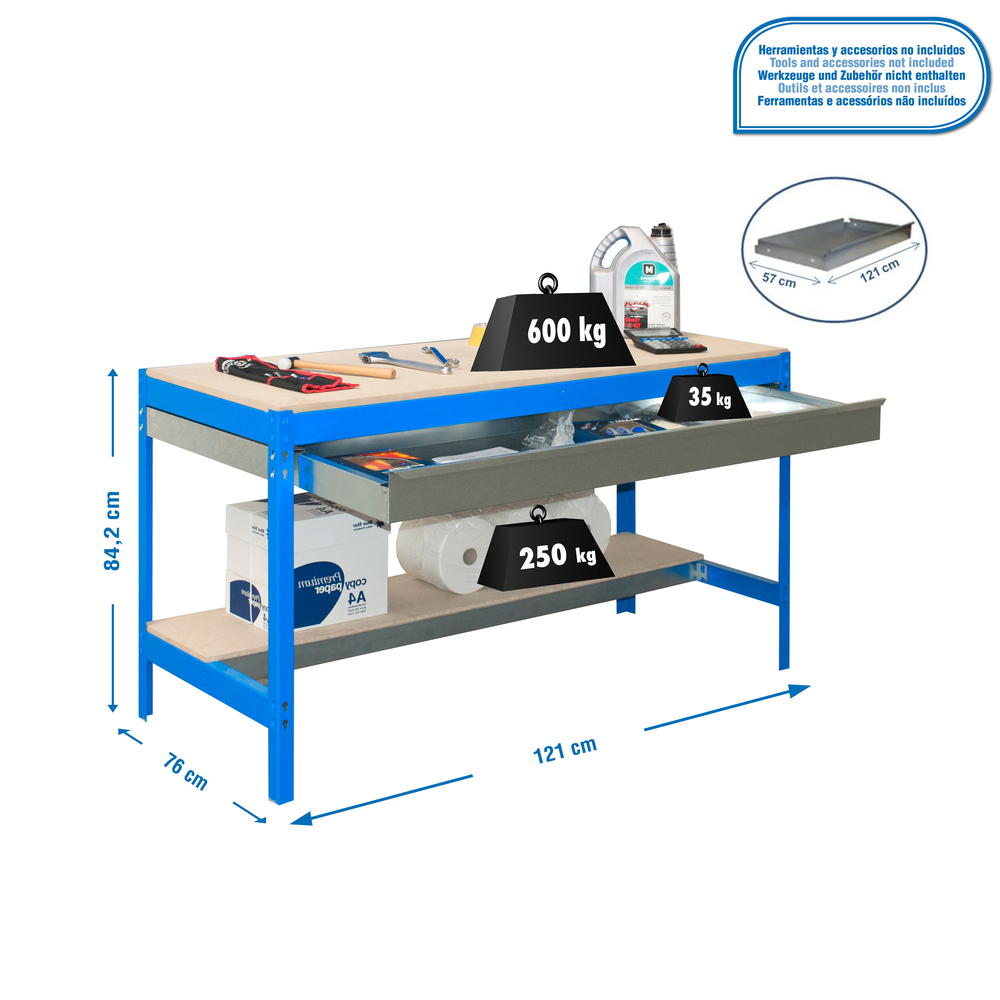 Kit établi Bricolage - 842x1210x760 - 2 niveaux Bleu/Bois - SIMON RACK - 8435104932599