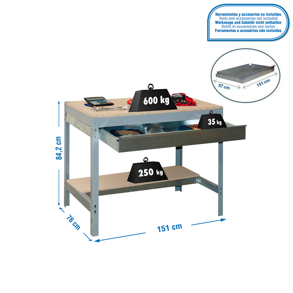 Kit établi Bricolage - 842x1510x760 - 2 niveaux Gris/Bois - SIMON RACK - 8435104932605
