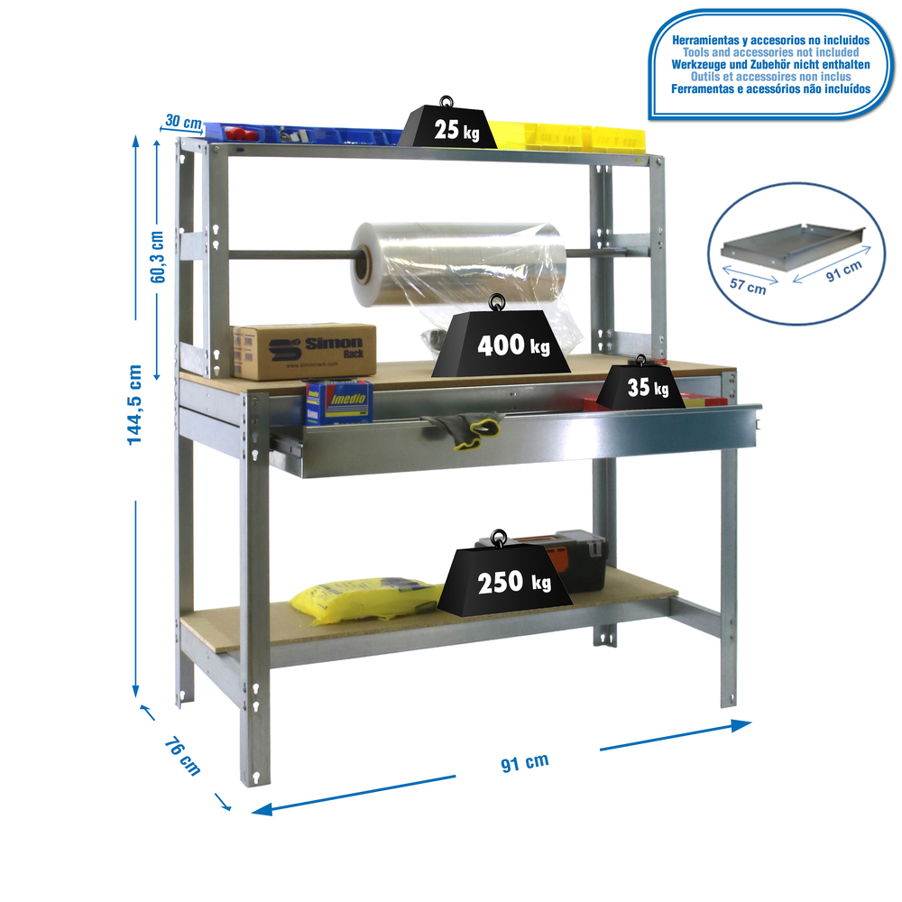 Kit établi Bricolage - 1445x910x760 - 3 niveaux Bois - SIMON RACK - 8435104932643