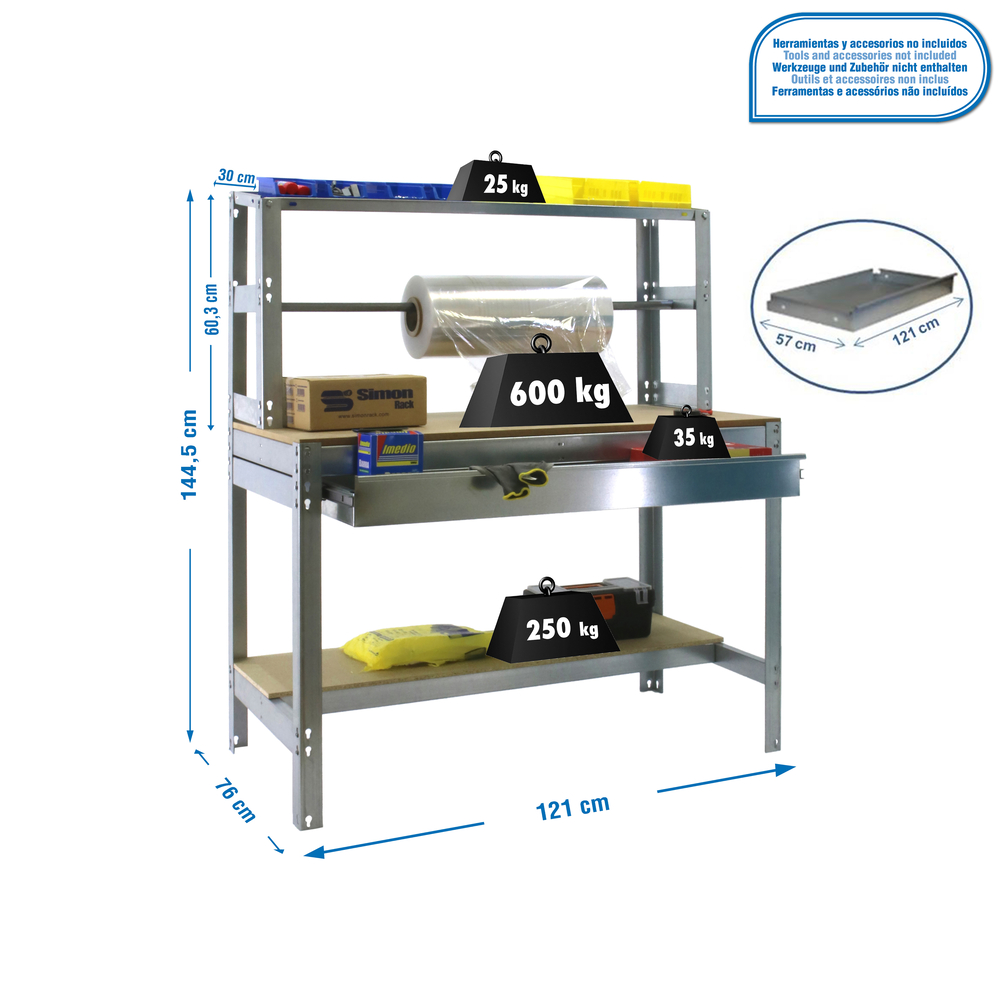 Kit établi Bricolage - 1445x1210x760 - 3 niveaux Bois - SIMON RACK - 8435104932674
