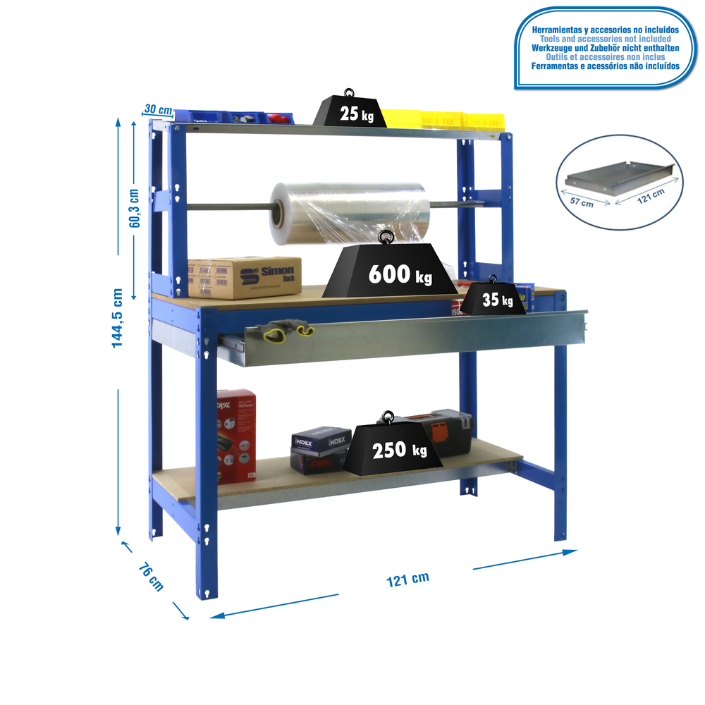 Kit établi Bricolage - 1445x1210x760 - 3 niveaux Bleu/Bois - SIMON RACK - 8435104932681