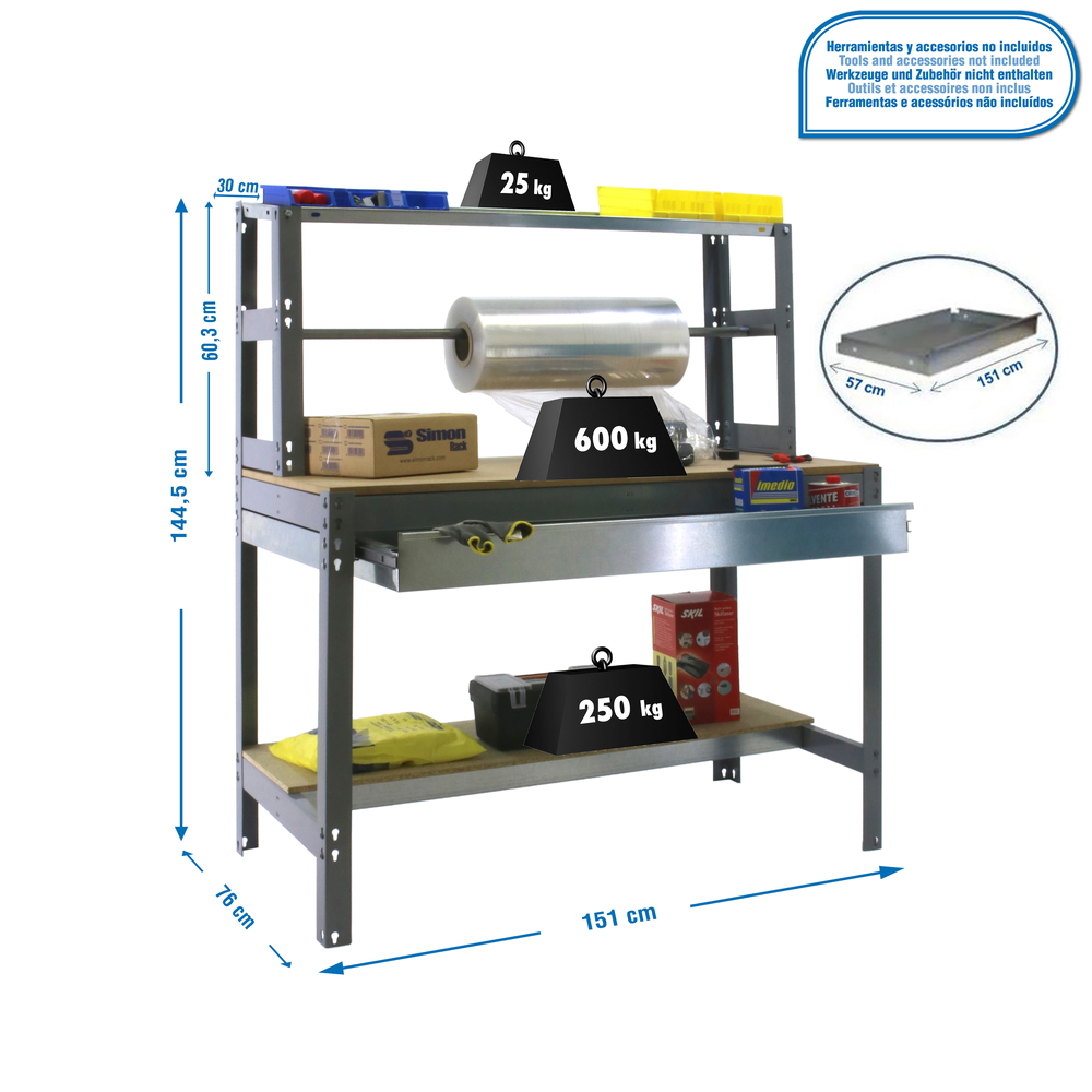 Kit établi Bricolage - 1445x1510x760 - 3 niveaux Gris/Bois - SIMON RACK - 8435104932698