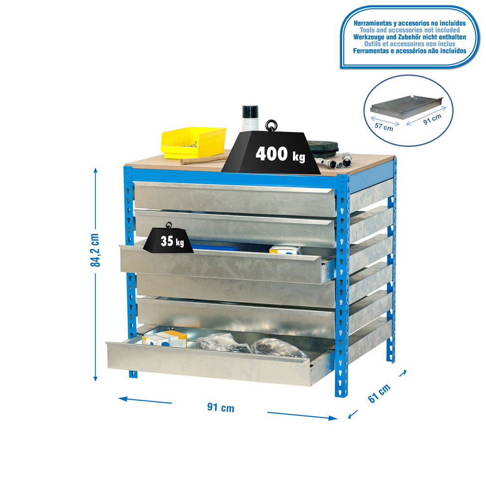 Kit établi Bricolage - 842x910x610 - 1 niveau Bleu/Bois - SIMON RACK - 8435104932896