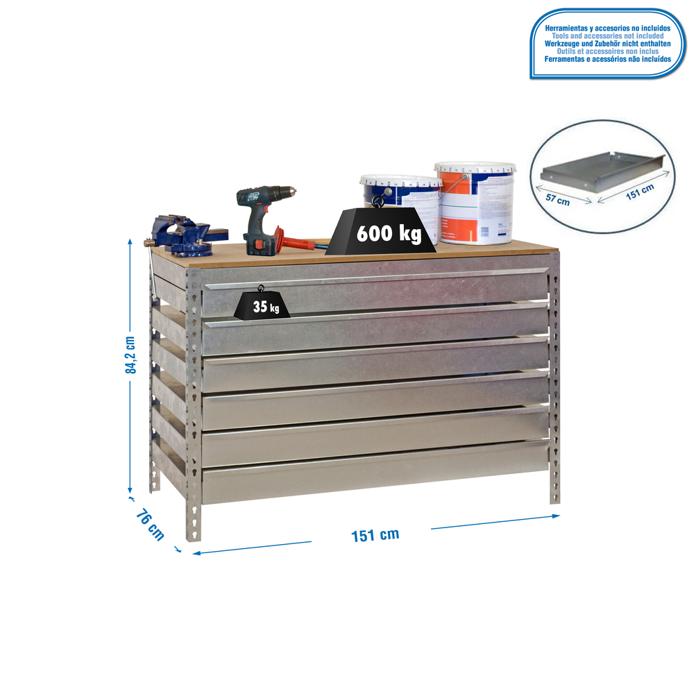 Kit établi Bricolage - 842x1510x760 - 1 niveau Bois - SIMON RACK - 8435104932940