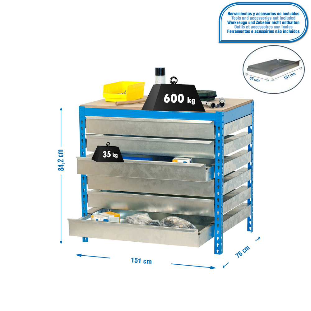 Kit établi Bricolage - 842x1510x760 - 1 niveau Bleu/Bois - SIMON RACK - 8435104932957