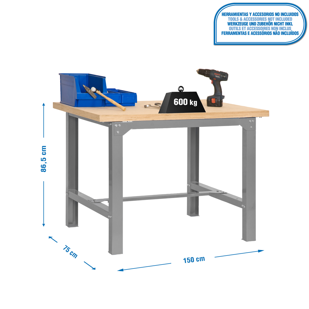 Kit établi Bricolage - 865x1500x750 - 1 niveau Gris/Bois - SIMON RACK - 8435104936603