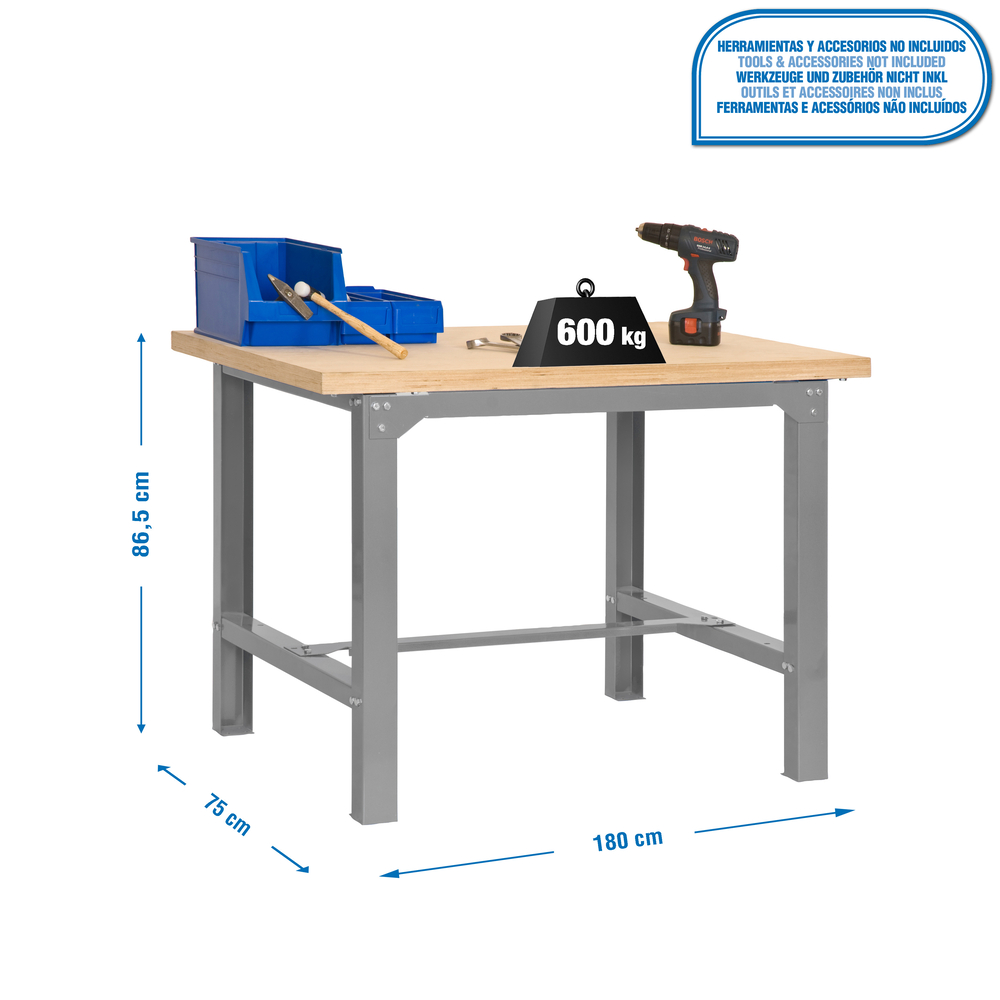 Kit établi Bricolage - 865x1800x750 - 1 niveau Gris/Bois - SIMON RACK - 8435104936665