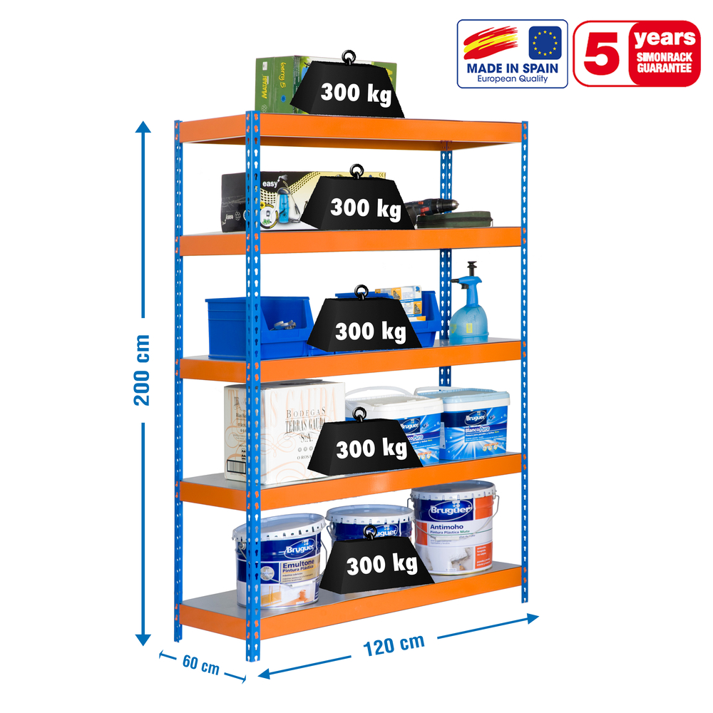 Étagère charge moyenne 300 kg 2000x1200x600 - 5 niveaux Bleu/Orange - SIMON RACK - 8435104936894