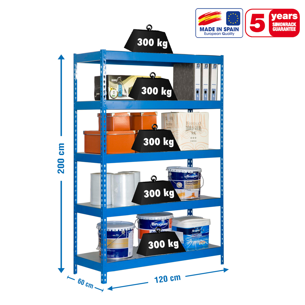 Étagère charge moyenne 300 kg 2000x1200x600 - 5 niveaux Bleu - SIMON RACK - 8435104936900