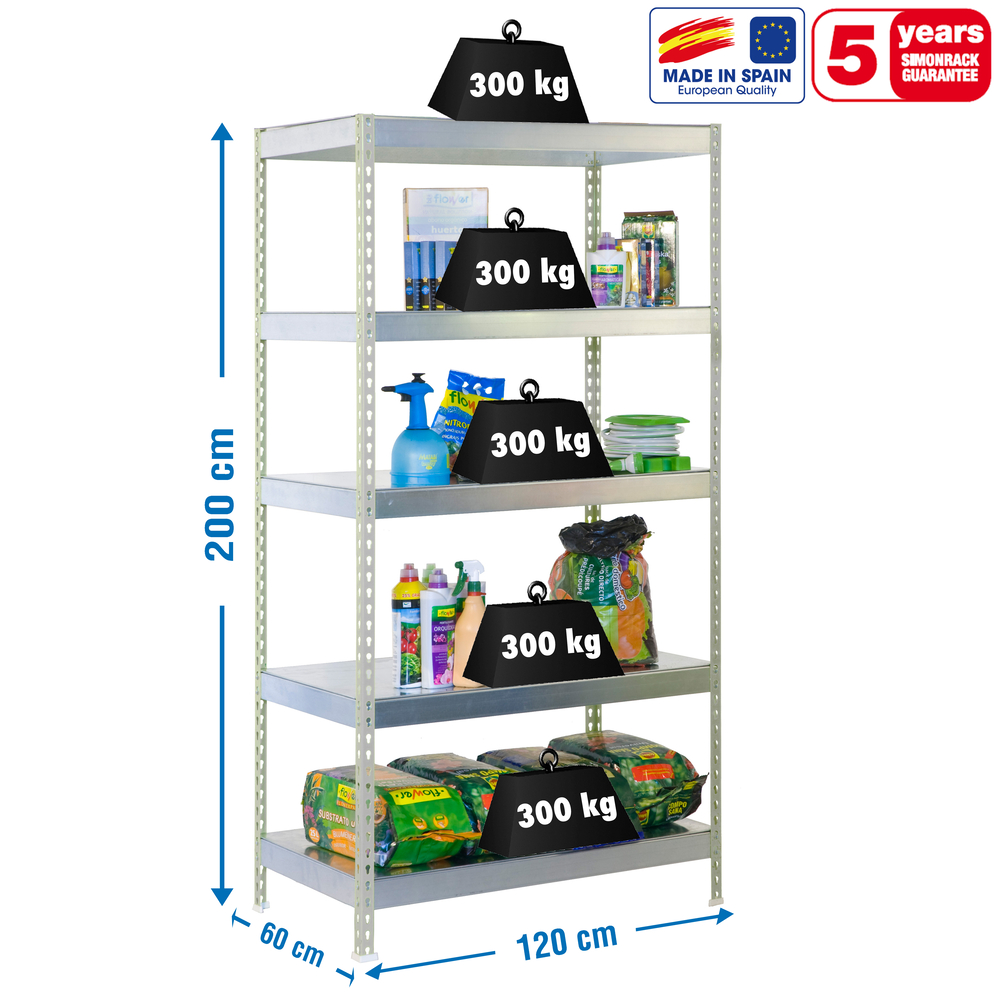 Étagère charge moyenne 300 kg 2000x1200x600 - 5 niveaux Galvanisé - SIMON RACK - 8435104936917