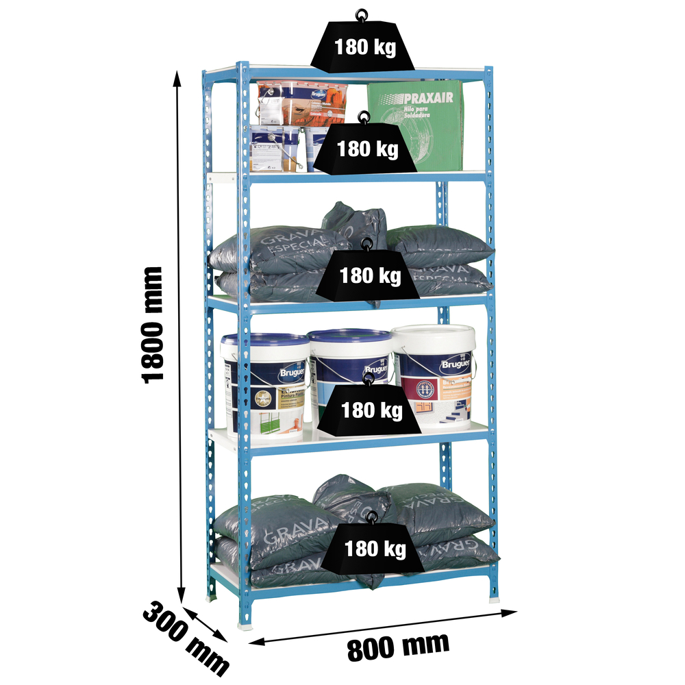 Rayonnage métallique léger sans vis 1800x800x300 - 5 niveaux Bleu/Blanc - SIMON RACK - 8435104936924
