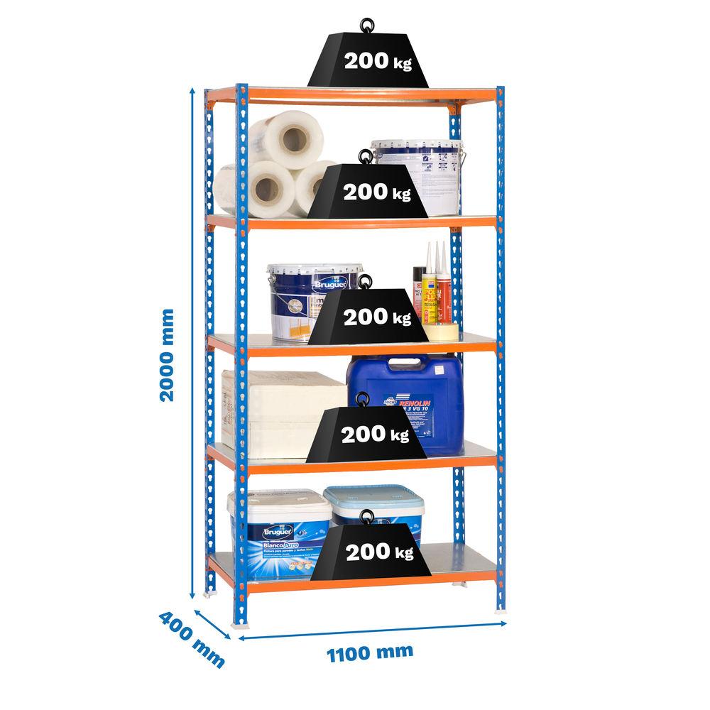Rayonnage métallique léger sans vis 2000x1100x400 - 5 niveaux Bleu/Orange - SIMON RACK - 8435104937013