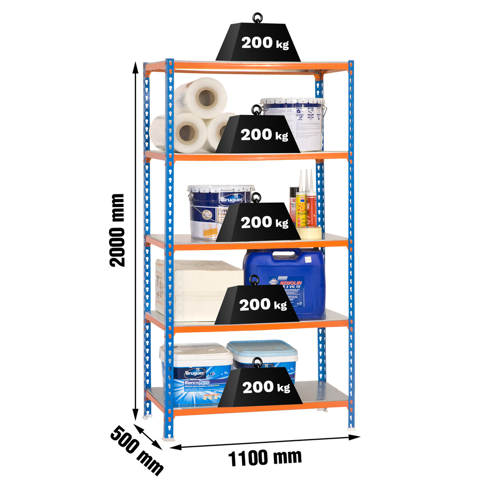 Rayonnage métallique léger sans vis 2000x1100x500 - 5 niveaux Bleu/Orange - SIMON RACK - 8435104937051