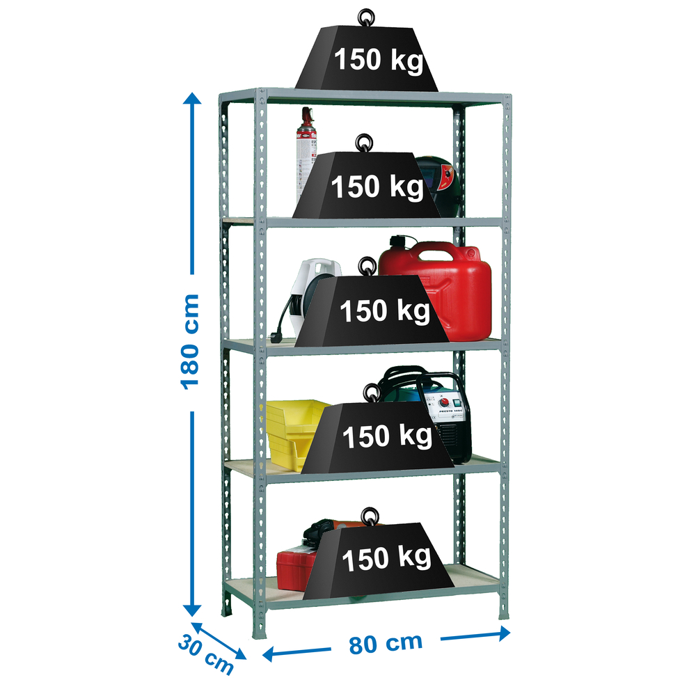 Rayonnage bois-métal léger sans vis 1800x800x300 - 5 niveaux Gris/Bois - SIMON RACK - 8435104937235