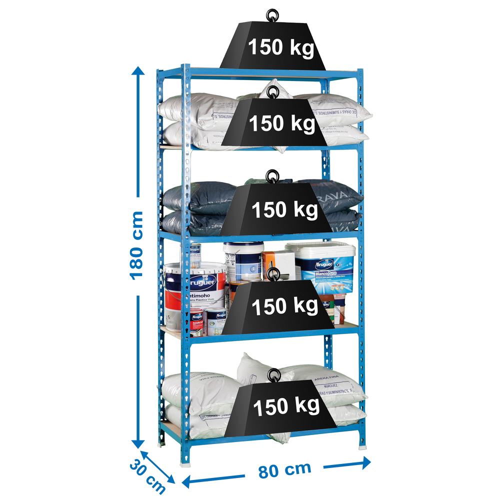 Rayonnage bois-métal léger sans vis 1800x800x300 - 5 niveaux Bleu/Bois - SIMON RACK - 8435104937242