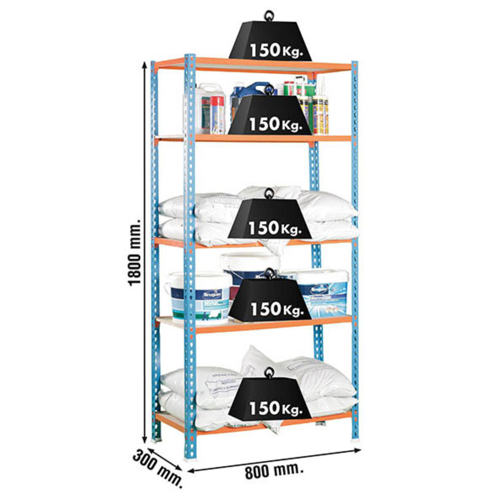 Rayonnage bois-métal léger sans vis 1800x800x300 - 5 niveaux Bleu/Orange/Bois - SIMON RACK - 8435104937259