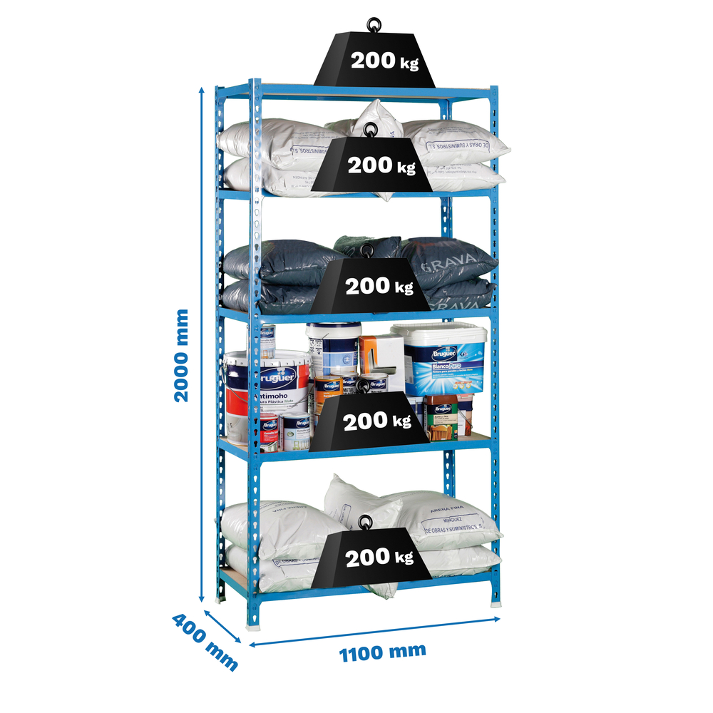 Rayonnage bois-métal léger sans vis 2000x1100x400 - 5 niveaux Bleu/Bois - SIMON RACK - 8435104937327