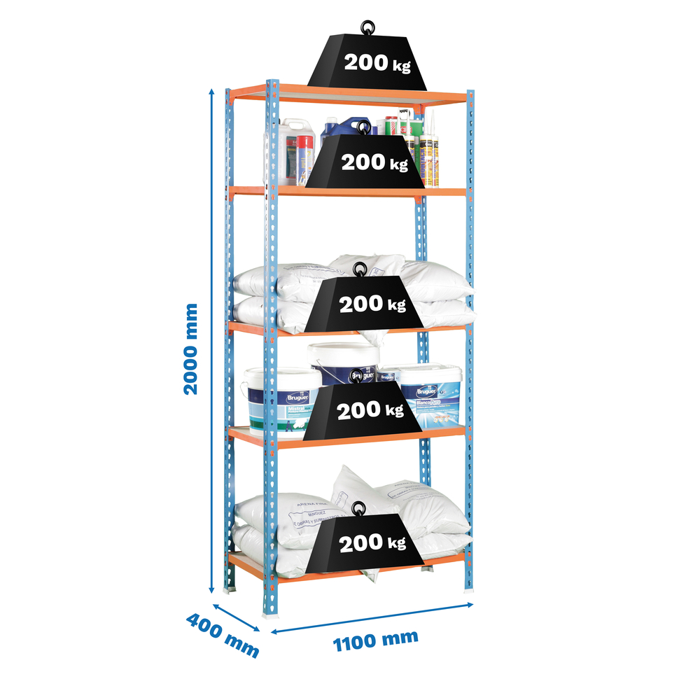 Rayonnage bois-métal léger sans vis 2000x1100x400 - 5 niveaux Bleu/Orange/Bois - SIMON RACK - 8435104937334